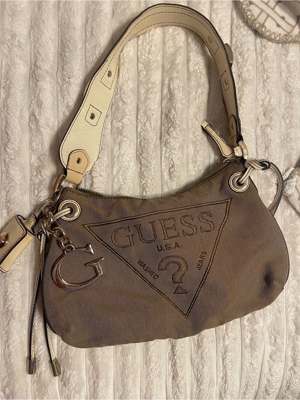 GUESS Brown Logo Shoulder Bag with Ivory Strap and Silver Charm